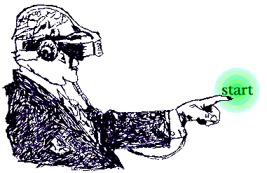 Die Kugelschreibergrafik zeigt eine Person mit Cyberbrille, die mit der Hand einen Startknopf drckt.
